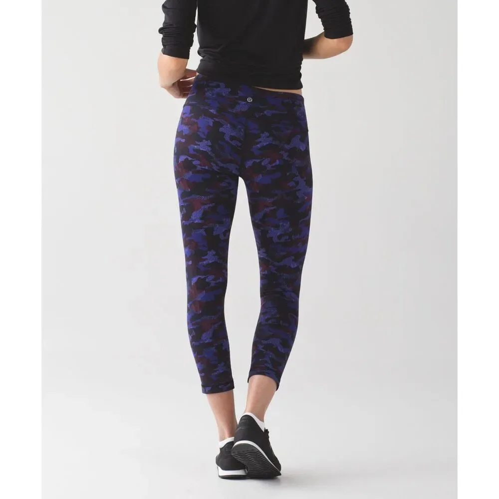 Lululemon Wunder Under Crop III Camo Blue Black Purple Leggings Size 8
